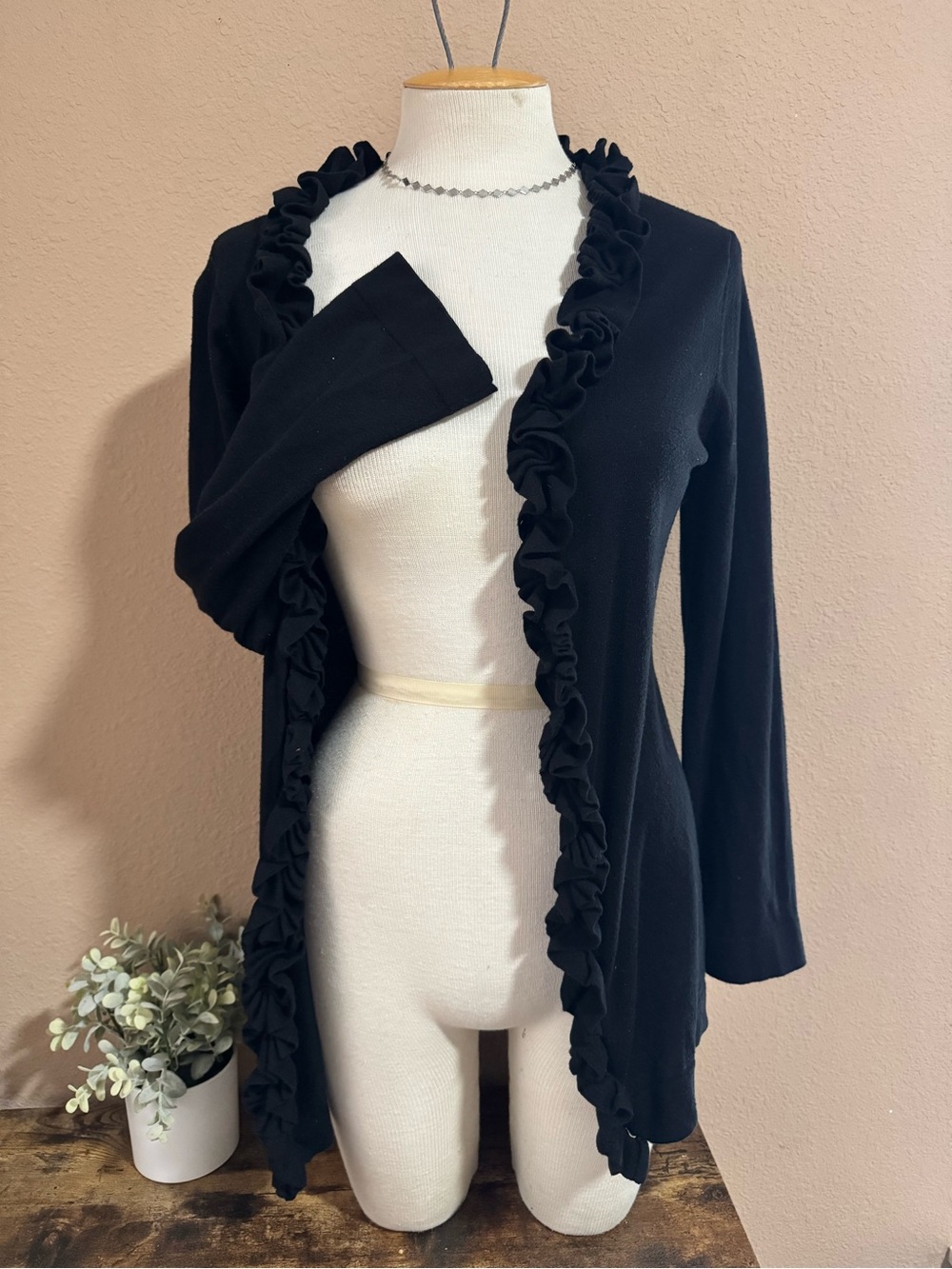 Chadwicks Black Ruffle-Edge Open Cardigan